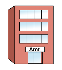 Zeichnung von einem hohen Haus mit der Aufschrift Amt